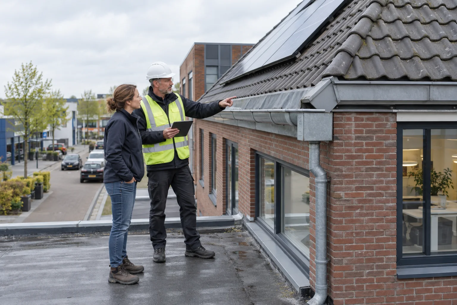 Ondernemer en inspecteur bekijken de dakrand en afwatering van een bedrijfspand